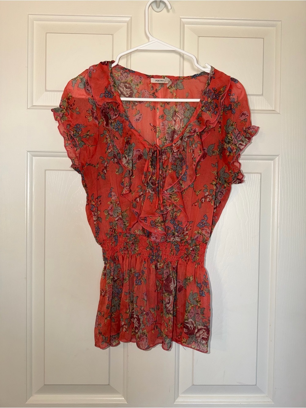 Poetry Coral Floral Semi-Sheer Peplum Blouse - size M